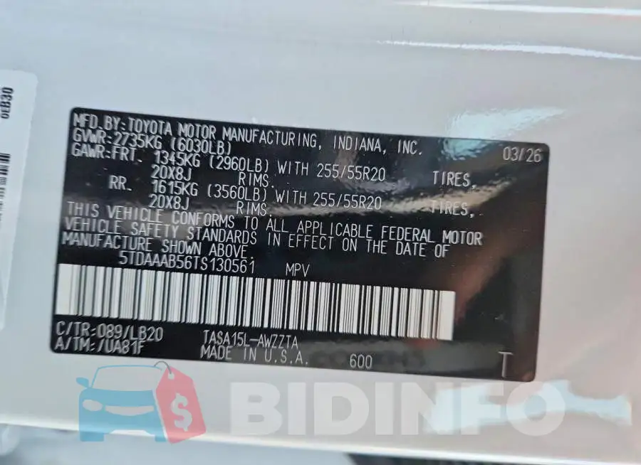 5TDAAAB56TS130561 Photo# 13