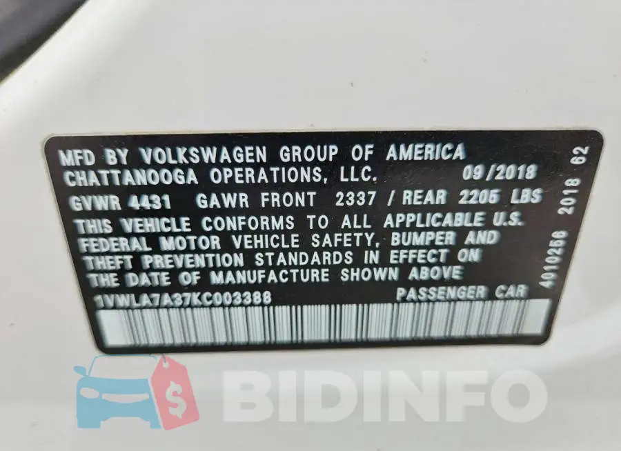 1VWLA7A37KC003388 Photo# 12