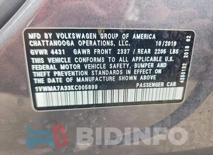1VWMA7A33KC005899 Photo# 13