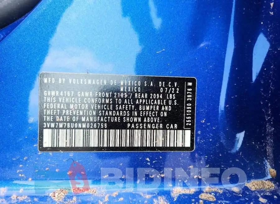 3VW7M7BU0NM026756 Photo# 12