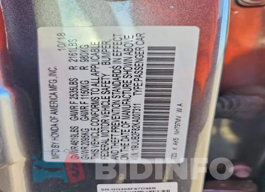 19UUB2F82KA007311 Photo# 12