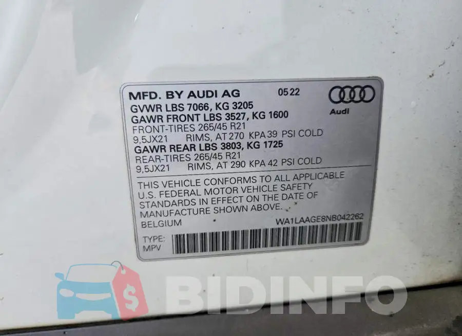 WA1LAAGE8NB042262 Photo# 13