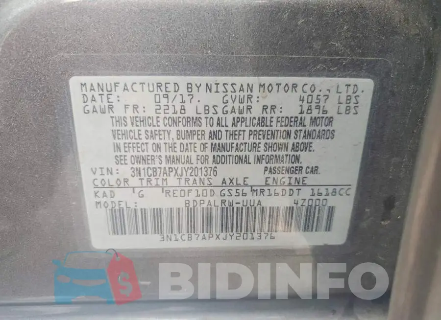 3N1CB7APXJY201376 Photo# 13