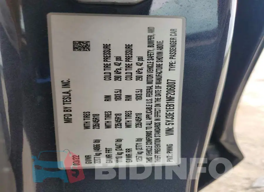 5YJ3E1EB1NF206807 Photo# 13