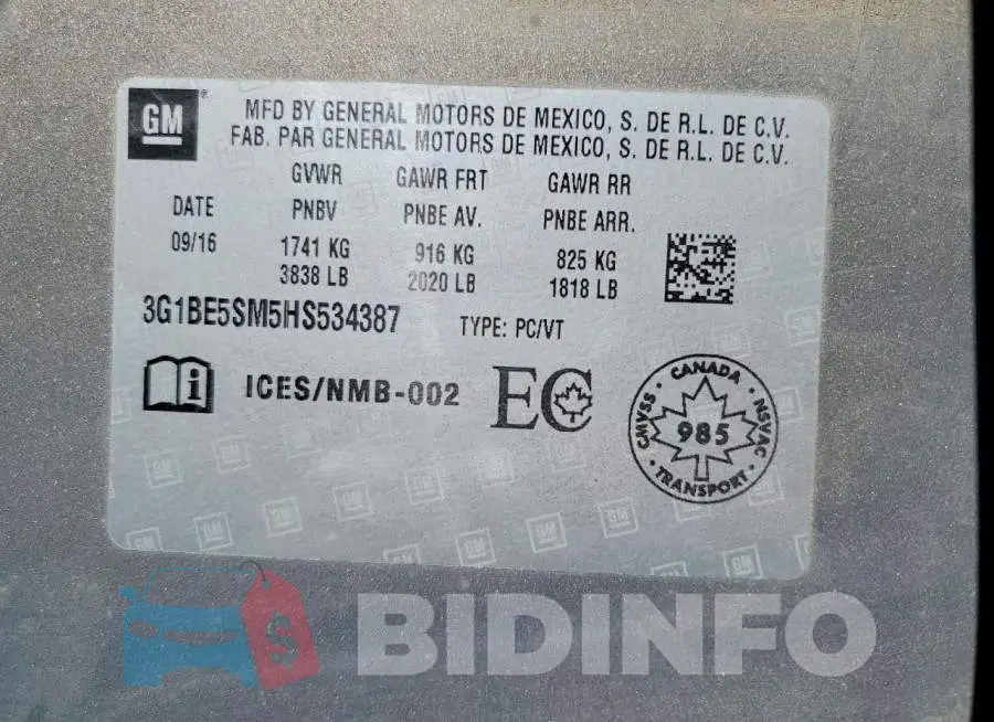 3G1BE5SM5HS534387 Photo# 13