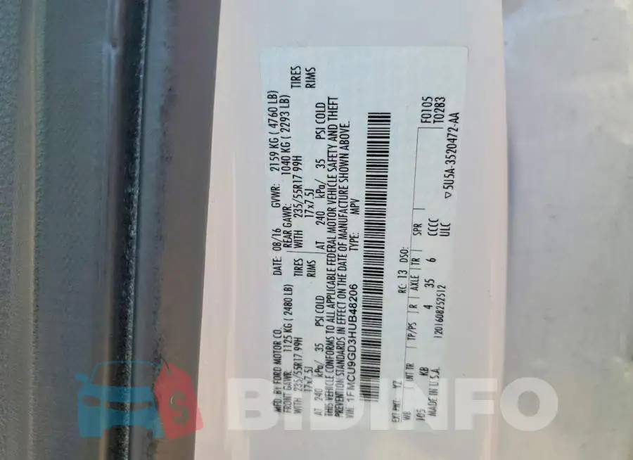 1FMCU9GD3HUB48206 Photo# 12