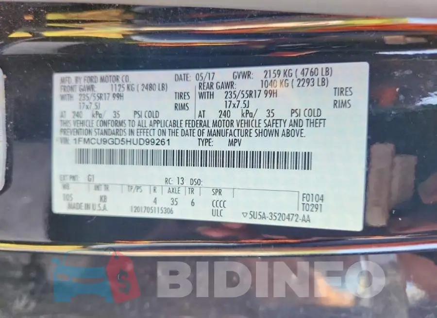 1FMCU9GD5HUD99261 Photo# 13