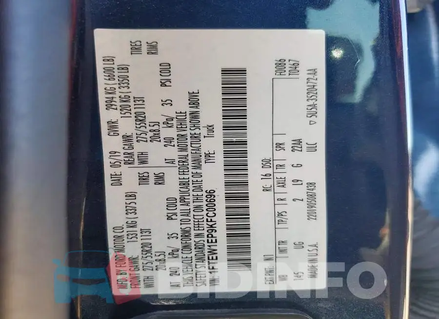 1FTEW1EP9KFC00696 Photo# 13