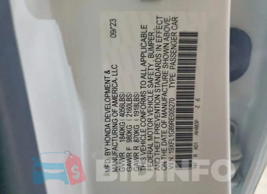 19XFL1G89RE005270 Photo# 12