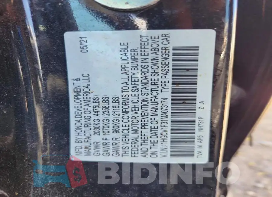 1HGCV1F31MA073174 Photo# 12