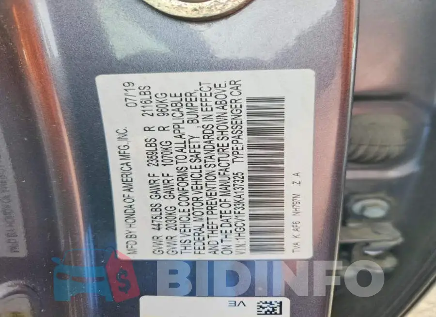 1HGCV1F33KA137325 Photo# 12