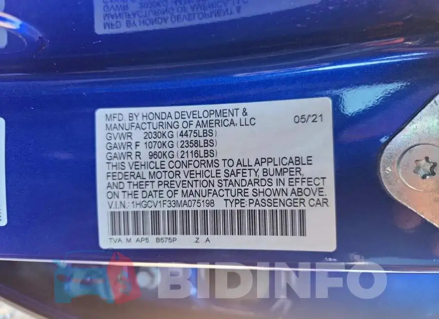 1HGCV1F33MA075198 Photo# 12
