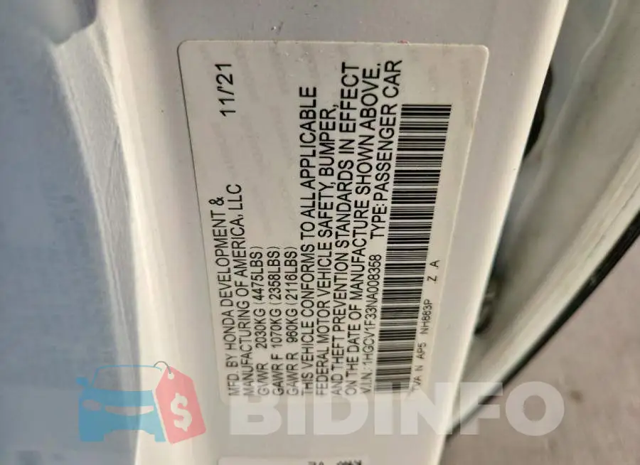 1HGCV1F33NA008358 Photo# 12