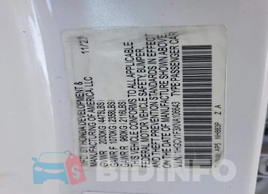 1HGCV1F3XNA106643 Photo# 12