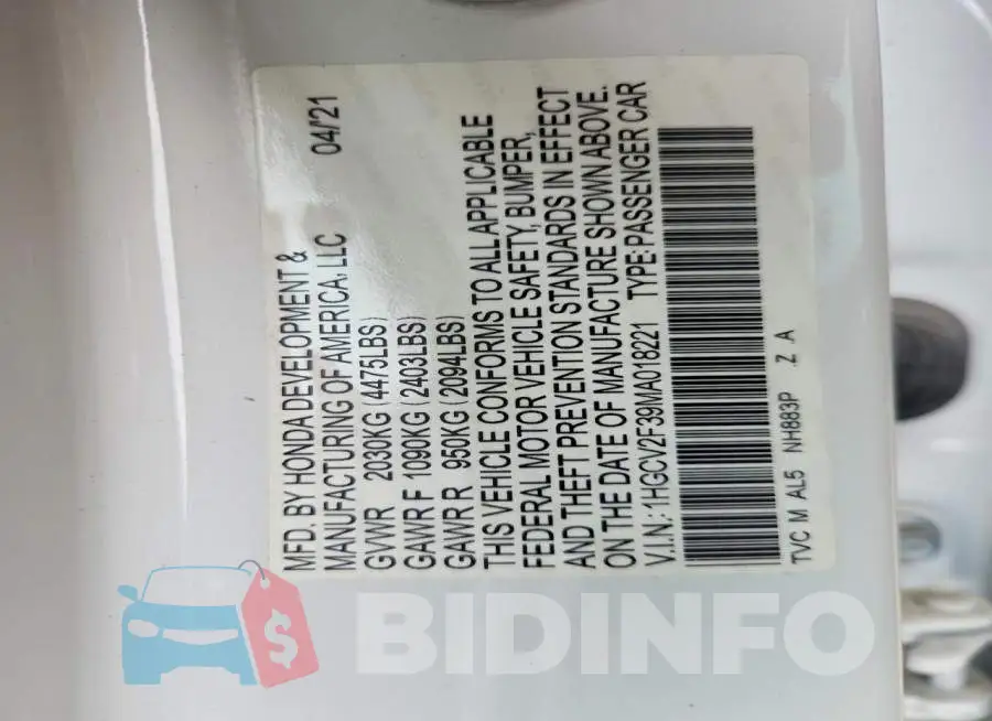 1HGCV2F39MA018221 Photo# 12
