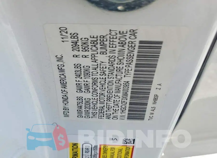 1HGCV2F3XMA003954 Photo# 12