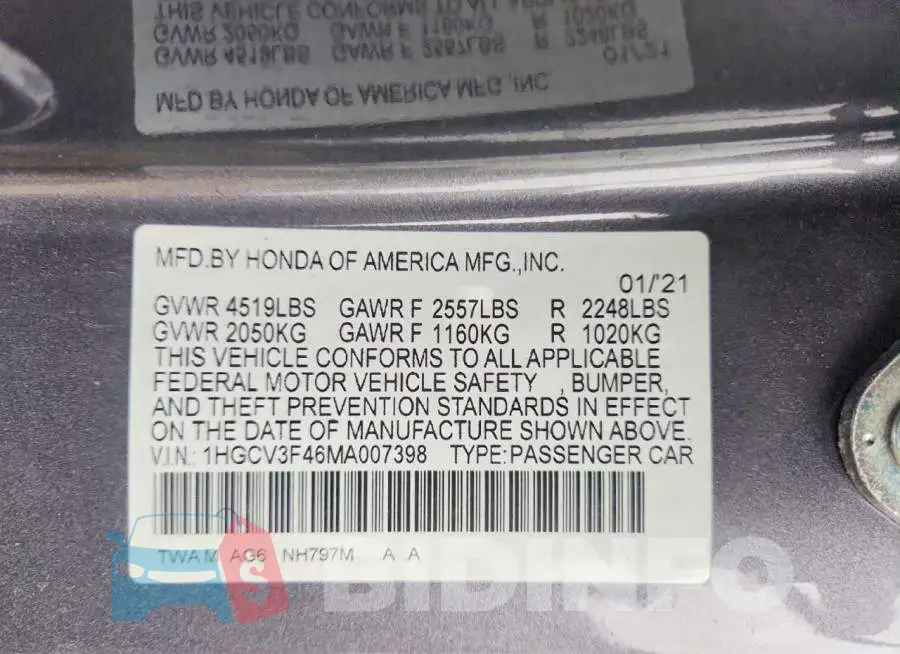 1HGCV3F46MA007398 Photo# 12