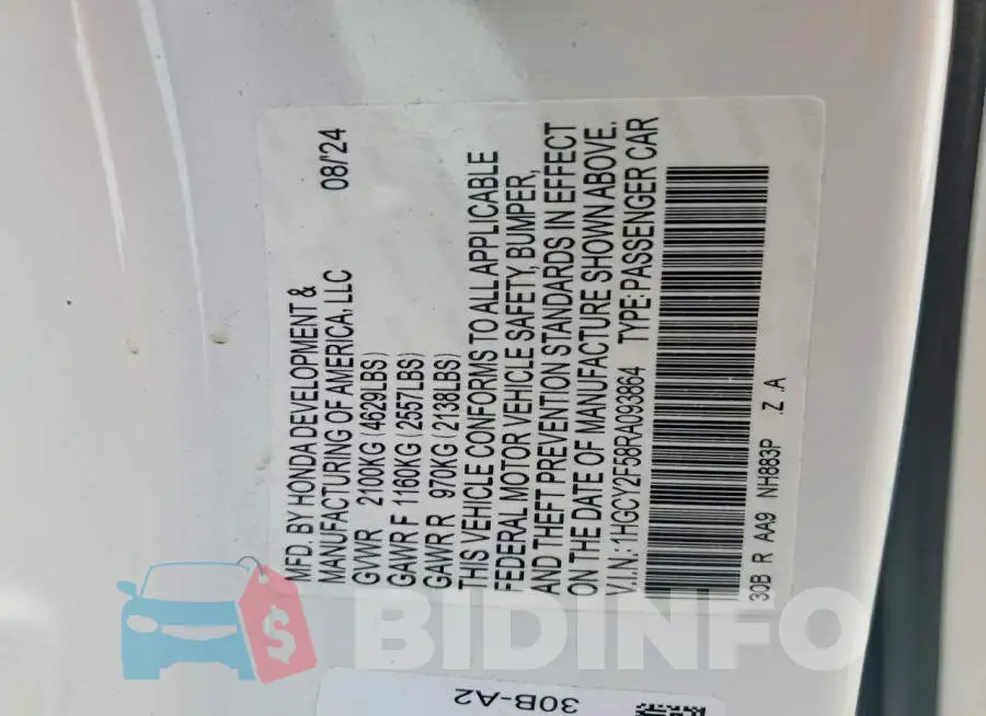 1HGCY2F58RA093864 Photo# 13