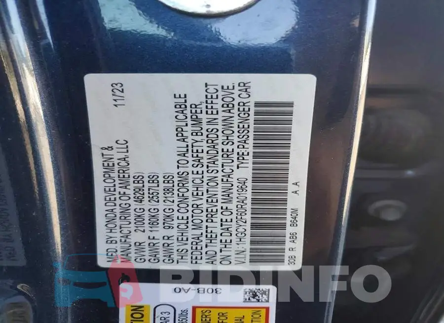1HGCY2F60RA019640 Photo# 12
