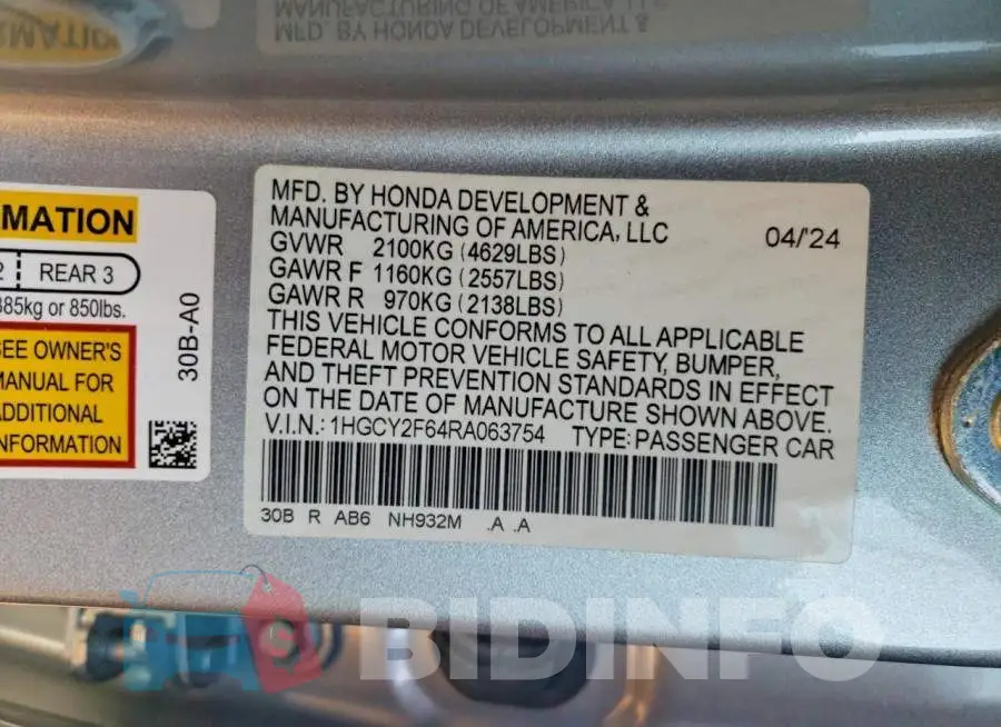 1HGCY2F64RA063754 Photo# 12