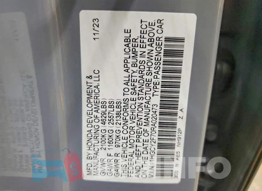 1HGCY2F70RA020473 Photo# 12