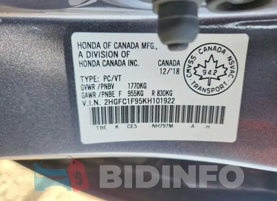2HGFC1F95KH101922 Photo# 12