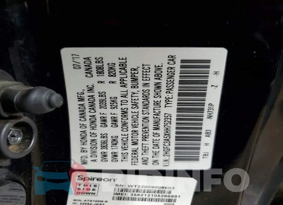 2HGFC3A5XHH752357 Photo# 13