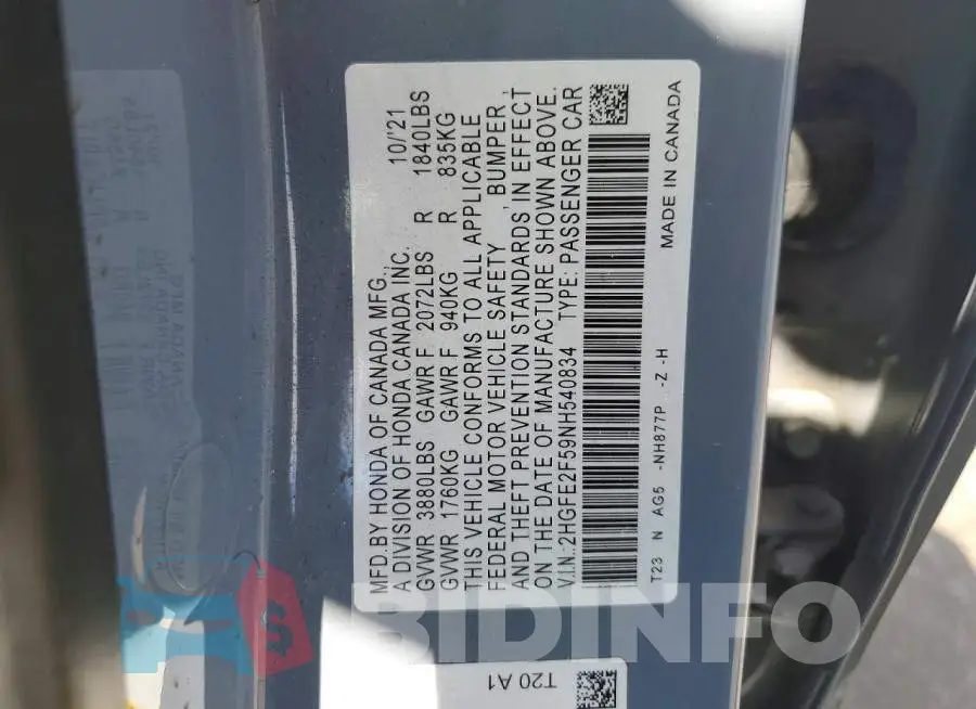 2HGFE2F59NH540834 Photo# 12