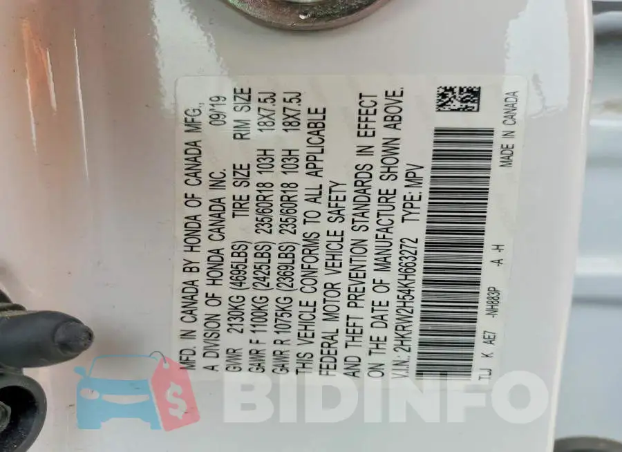 2HKRW2H54KH663272 Photo# 13