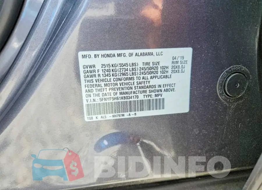 5FNYF5H61KB034170 Photo# 13