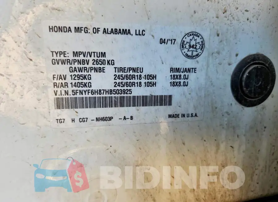 5FNYF6H87HB503925 Photo# 14