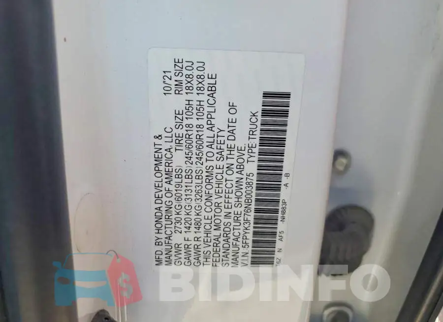 5FPYK3F76NB003875 Photo# 12
