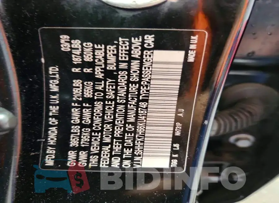SHHFK7H66KU418748 Photo# 12