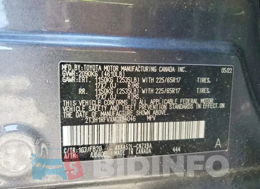 2T3H1RFVXNC194046 Photo# 13