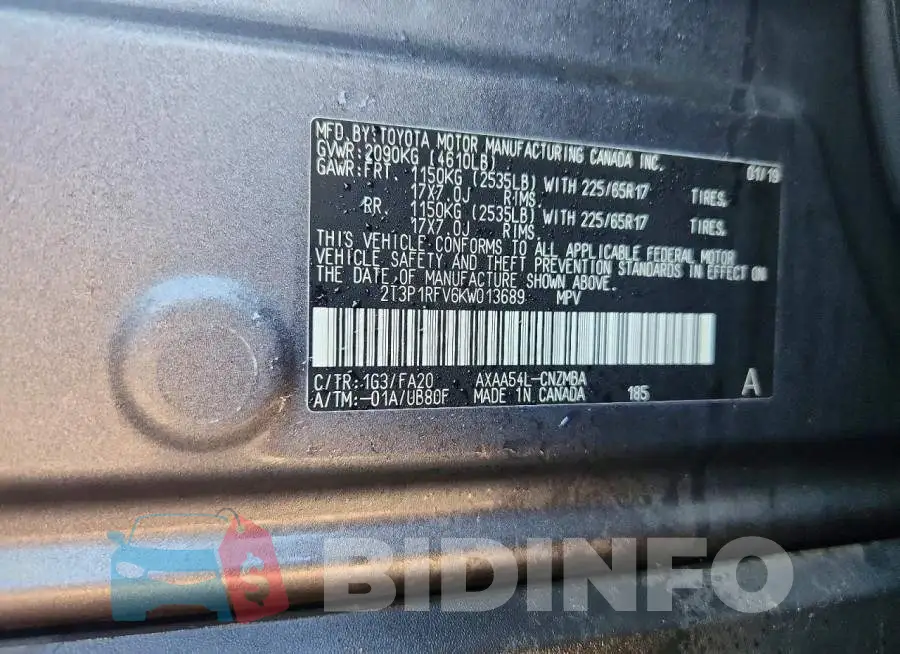 2T3P1RFV6KW013689 Photo# 13