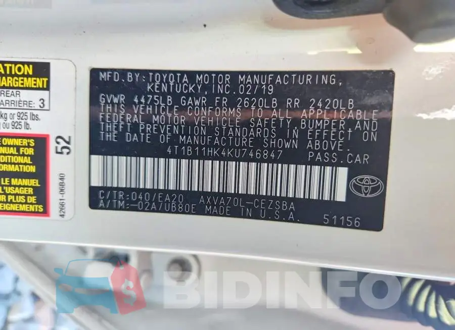 4T1B11HK4KU746847 Photo# 13