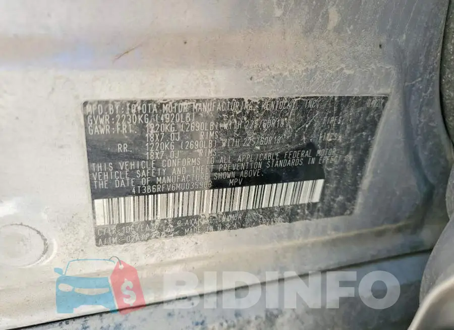 4T3B6RFV6MU035903 Photo# 13