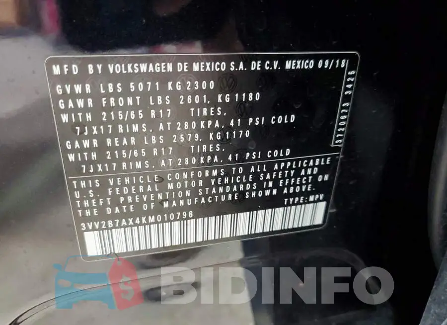 3VV2B7AX4KM010796 Photo# 13