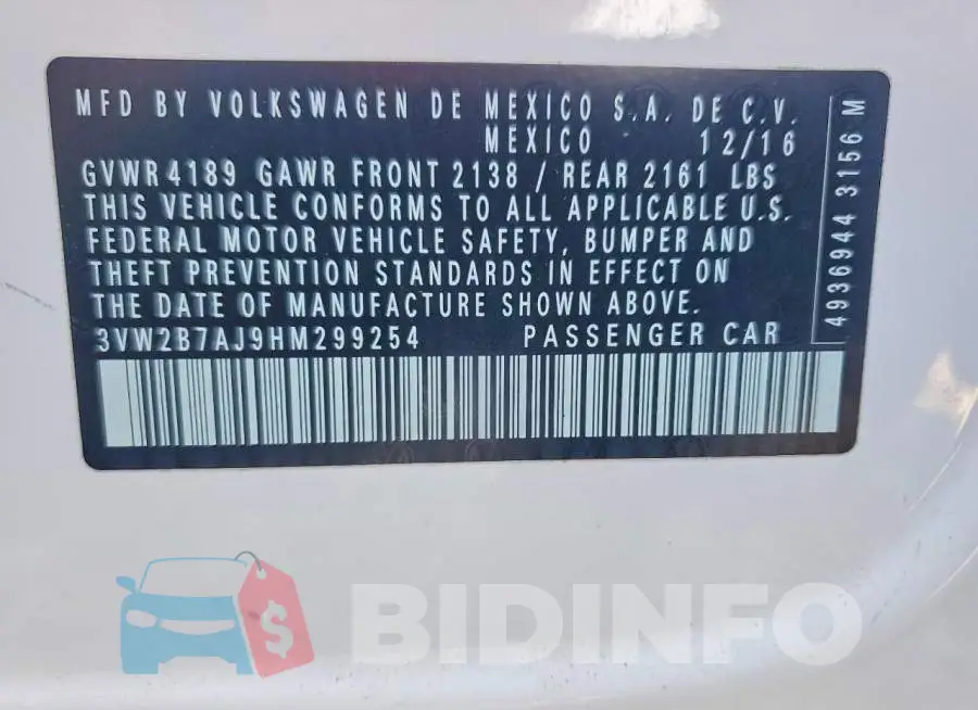 3VW2B7AJ9HM299254 Photo# 12