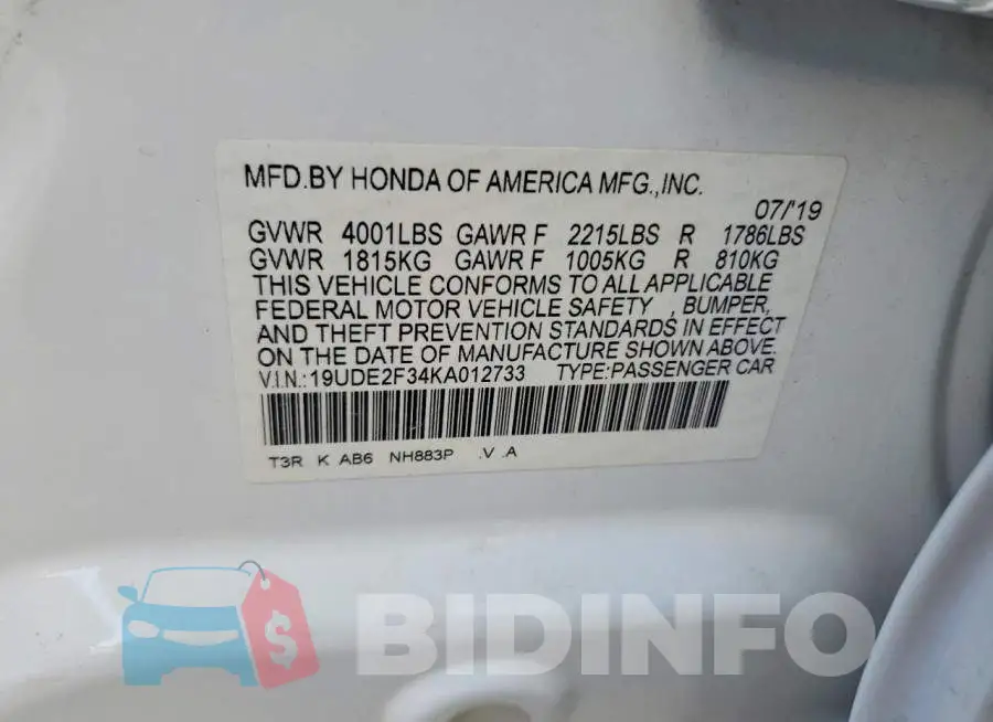 19UDE2F34KA012733 Photo# 12