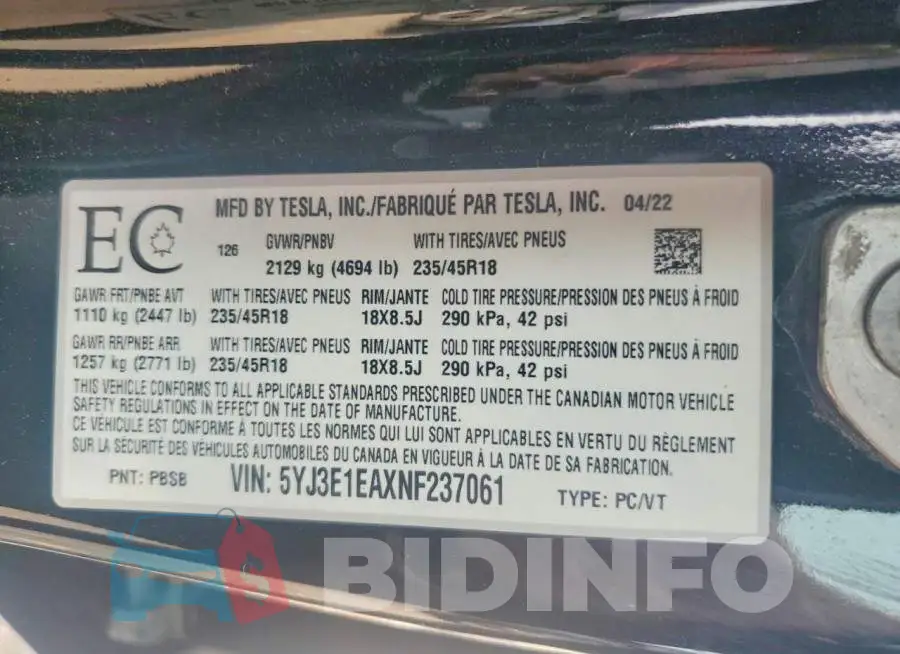 5YJ3E1EAXNF237061 Photo# 12