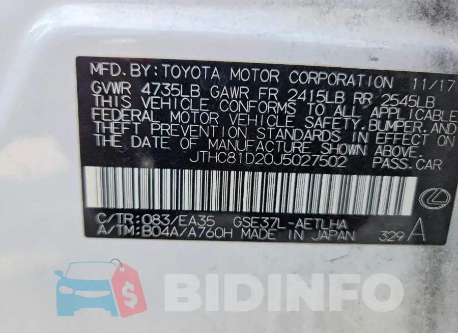 JTHC81D20J5027502 Photo# 12