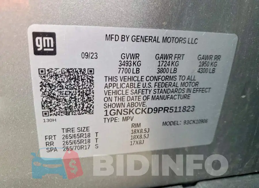 1GNSKCKD9PR511823 Photo# 13
