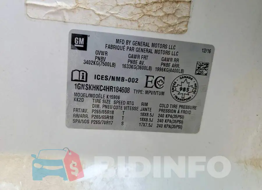 1GNSKHKC4HR184608 Photo# 13