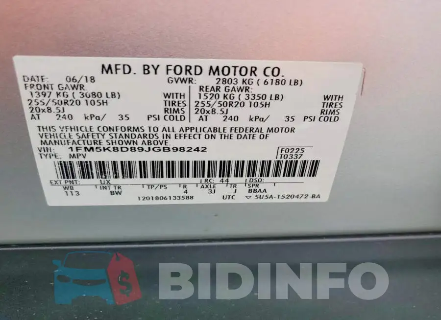 1FM5K8D89JGB98242 Photo# 13