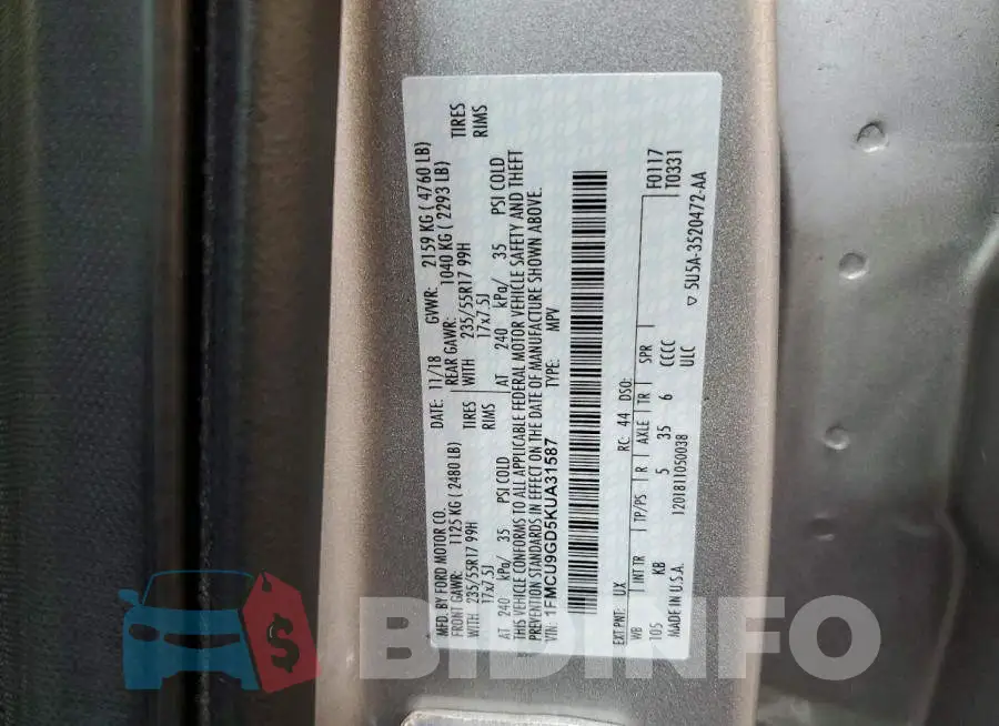 1FMCU9GD5KUA31587 Photo# 13