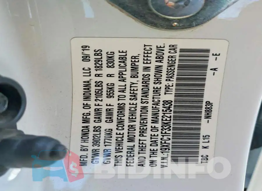 19XFC1F33KE215438 Photo# 12