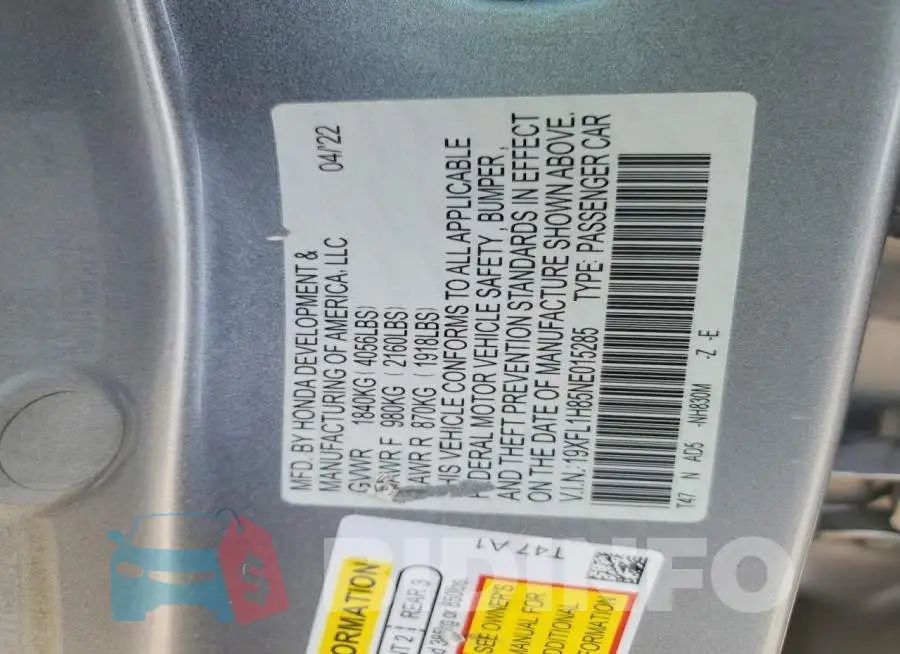 19XFL1H85NE015285 Photo# 12