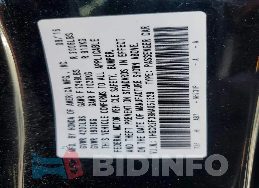 1HGCR2F39HA057529 Photo# 12