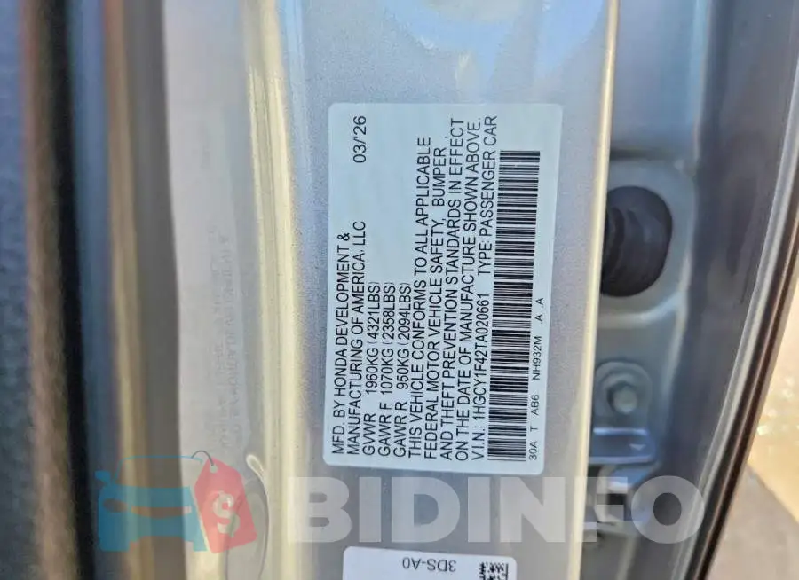 1HGCY1F42TA020661 Photo# 13